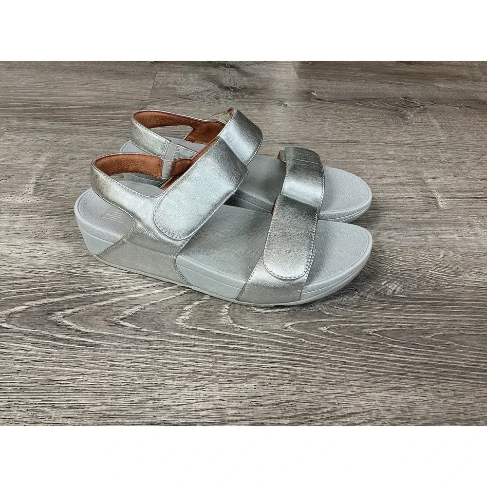 FitFlop Lulu Slide Sandals Women size 8.5 Silver Leather Adjustable Slip On